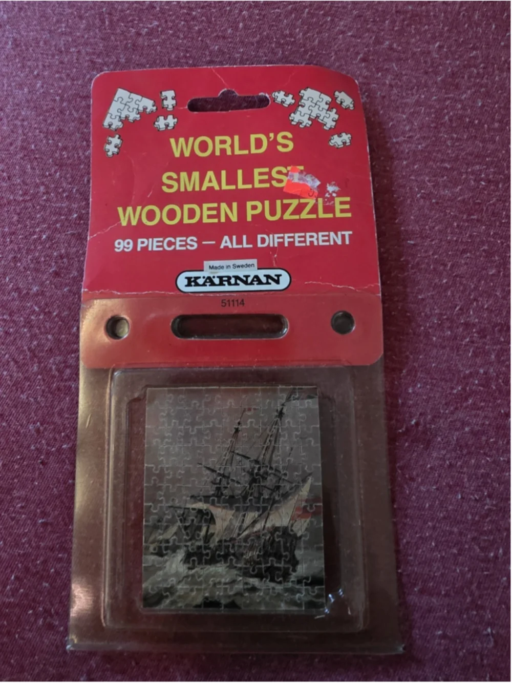 Vintage World’s Smallest Wooden Puzzle Sailboat Ship Karnan 99 Pieces 1980s NIP